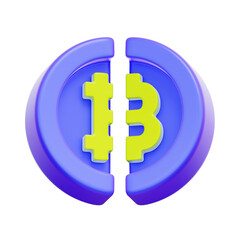 3D icon of a Bitcoin symbol splitting in half For bitcoin halving event, cryptocurrency supply reduction, blockchain protocol, mining reward.