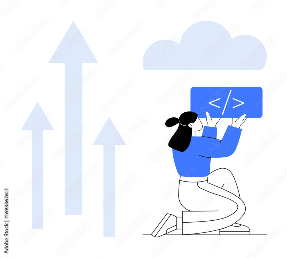 Poster woman elevating coding interface next to arrows and cloud, symbolizing growth, cloud technology, cod