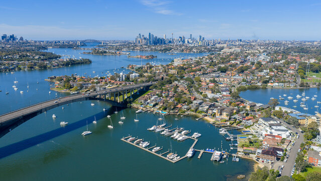 The Gladesville Bridge crossing the Parramatta river at Drummoyne.