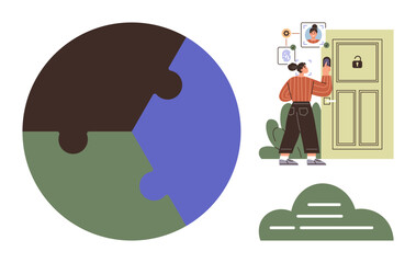 Woman using biometric facial recognition to open a locked door, framed by abstract globe and cloud shapes. Ideal for security, technology, biometrics, innovation, privacy, global tech, smart home