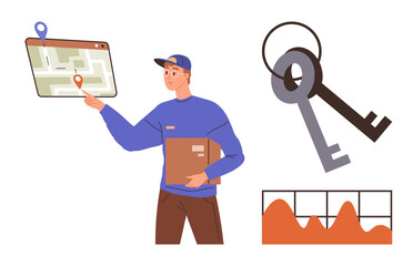 Worker pointing at a map screen with a parcel in hand, accompanied by keys and a graph. Ideal for logistics, delivery, navigation, online orders, tracking, business tools efficiency. Simple flat