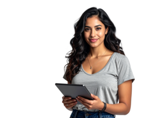 Smiling woman holds tablet with transparent background for branding and mockup templates.