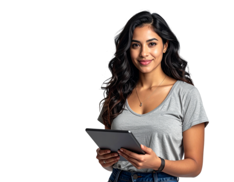 Smiling woman holds tablet with transparent background for branding and mockup templates.