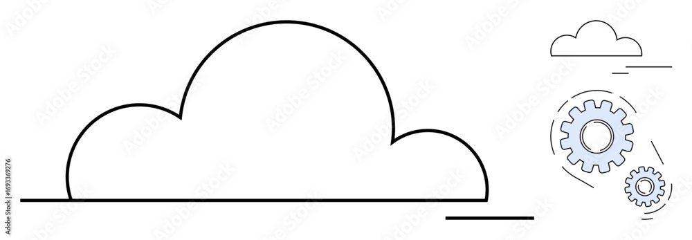 Poster cloud outline paired with meshed gears signifying cloud computing, process automation, data storage,