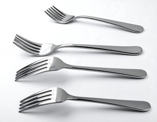 Four stainless steel forks arranged on a white surface