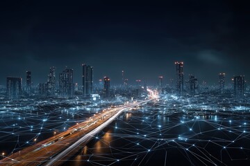 A futuristic cityscape illuminated by blue lights, featuring a network of connections overlaying skyscrapers and roads, symbolizing technology and connectivity.