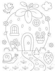 easy coloring page for kids and adults of cute strawberry house and flowers. Printable on letter size 8.5 x 11 in. Exclusive on Adobe Stock.	