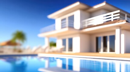 Obraz premium Modern villa with a swimming pool under a clear blue sky, showcasing luxurious outdoor living