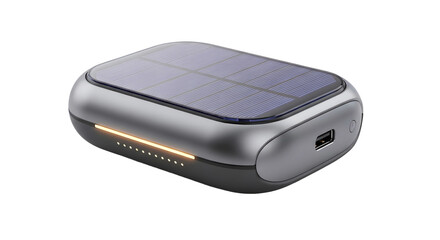 Portable solar power bank with a sleek design and charging indicator lights, isolated on transparent background