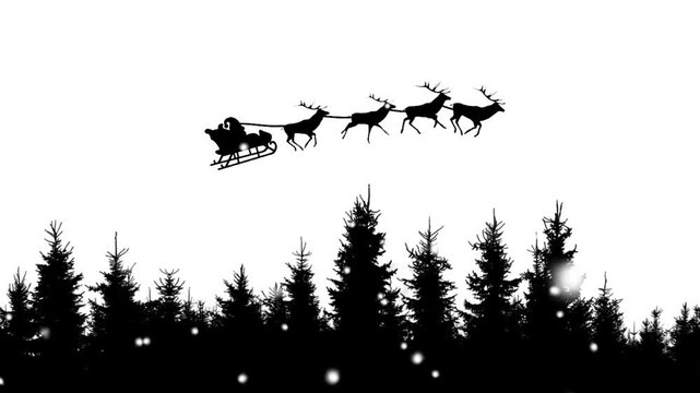 Santa Claus riding sleigh with reindeer silhouette flying over snowy pine forest on white background. Concept of christmas, holiday and happy new year. Seamlessly looped animation. 