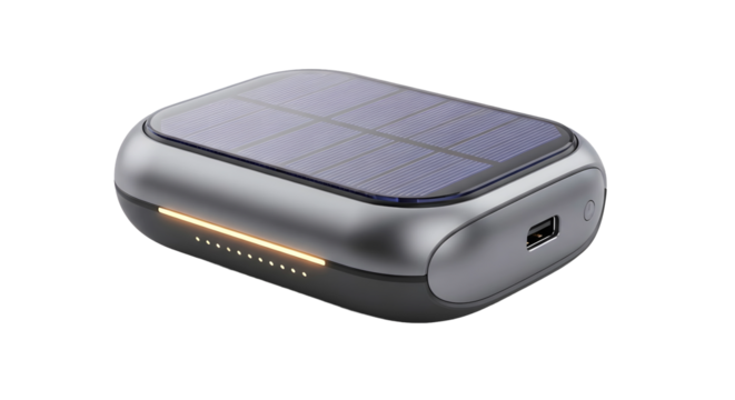 Portable solar power bank with a sleek design and charging indicator lights, isolated on transparent background - Powered by Adobe