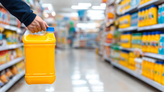 A customer's hand holds a large yellow-orange jug in a supermarket aisle.
