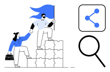 Business professionals ascending puzzle stack, holding hands, with a flag symbolizing leadership. Includes connection icon and magnifying glass. Ideal for teamwork, growth, success, collaboration