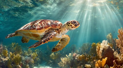 Obraz premium A magnificent sea turtle gracefully glides through a vibrant coral reef, bathed in sunlight filtering through the water's surface.