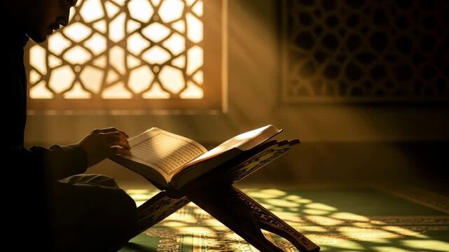 Serene Muslim Man Reading Quran: Peaceful Spiritual Reflection