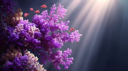 A vibrant underwater scene showcases a profusion of colorful coral formations, illuminated by sunlight rays filtering through the water.
