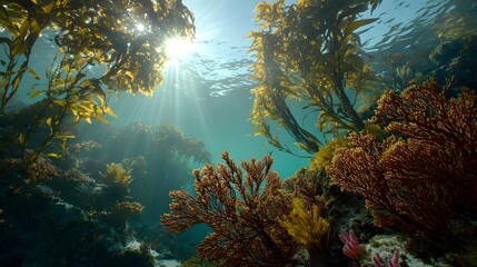 Sunlight streams through kelp forests, illuminating vibrant underwater coral formations.