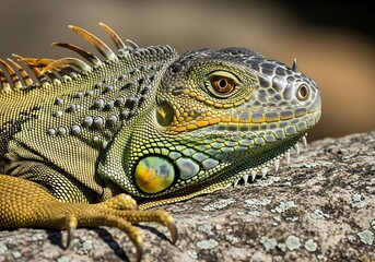 Obraz premium Magnificent Green Iguana Resting on a Textured Rock Surface, Showcasing its Intricate Scales and Spikes