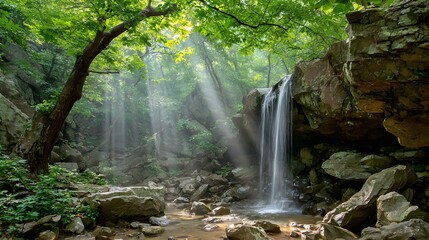 Sunlight streams through a lush forest canopy, illuminating a tranquil waterfall cascading down a rocky outcrop.