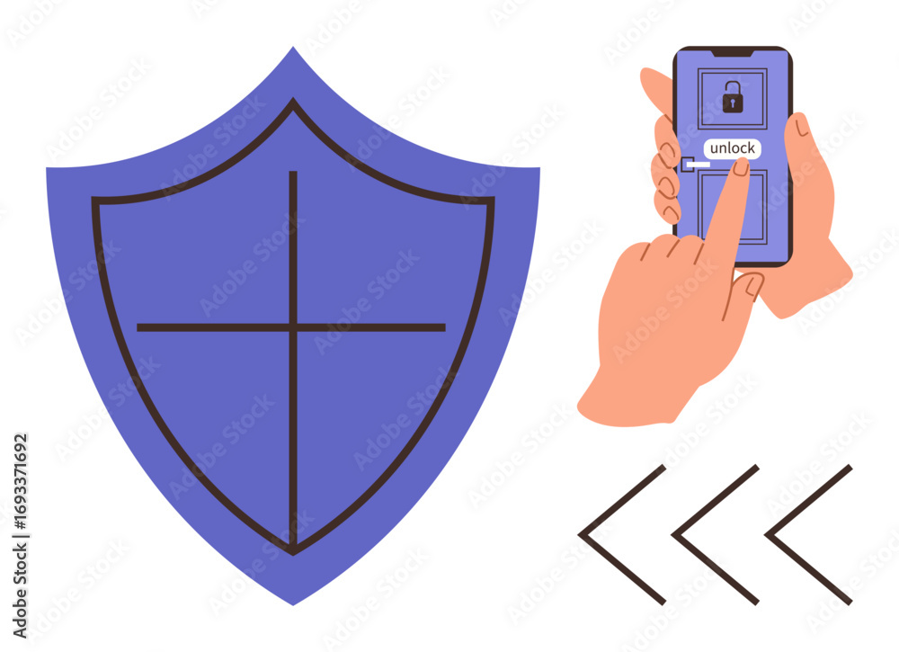 Poster hand unlocking smartphone with secure access screen, adjacent to a large protective shield. ideal fo