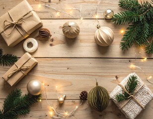 Rustic Christmas Gifts with Pine Branches, Pinecones, and Holiday Decorations