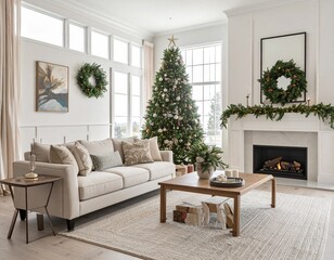 Elegant Living Room Decorated for Christmas with Tree, Wreaths, and Fireplace
