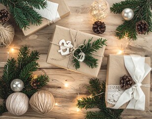 Rustic Christmas Gifts with Pine Branches, Pinecones, and Holiday Decorations