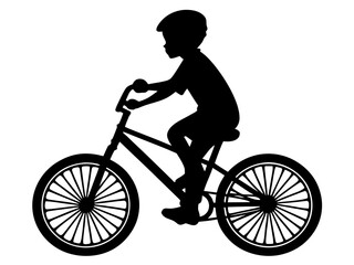 Fototapeta premium Stark black silhouette of young boy riding a bike, vector cutout design