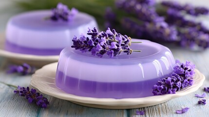 Two round lavender-flavored desserts, layered in shades of purple, sit on white plates, adorned with sprigs of fresh lavender.