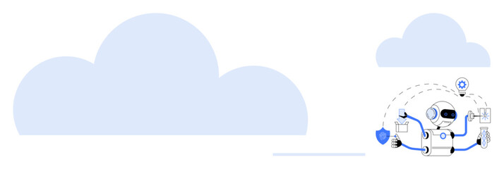 Robot performing data management tasks with cloud icons, shield, and location marker. Ideal for AI, cloud computing, cybersecurity, innovation, automation, digital transformation futuristic design