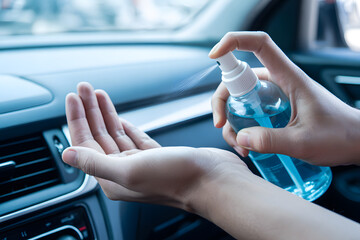 Hands Sanitizing in Car: A close-up shot captures a hand carefully dispensing sanitizer into another hand, all within the setting of a car interior. Focus is on safety and cleanliness. 