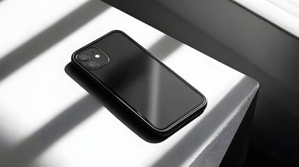 A sleek, black smartphone rests on a modern, white surface, highlighted by dramatic shadows.