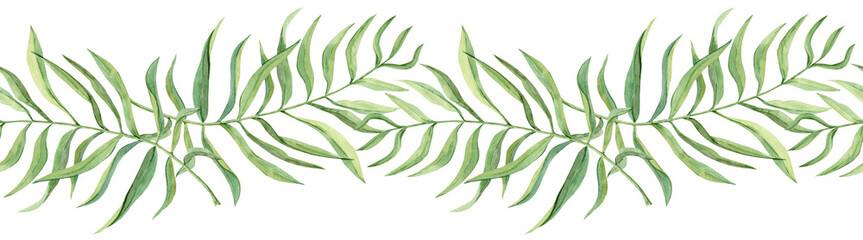 Seamless background of coconut palm leaves. Foliage of tropical plant Dypsis, botanical illustration. Horizontal Greenery pattern for textile and packaging design. Jungle and Caribbean summer style.