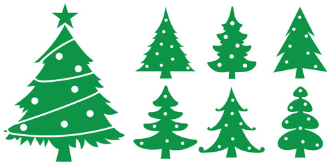 Simple Green Christmas Tree Icon Illustration. Christmas tree icon set. Vector illustration of pine silhouette. Abstract Christmas trees with gifts and balls vector set.