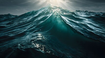 Powerful ocean wave, a dramatic display of nature's force, with vibrant turquoise highlights piercing through the dark depths.