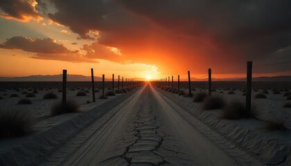 A long dirt road stretching into the distance with a vibrant sunset and wooden posts on either side
