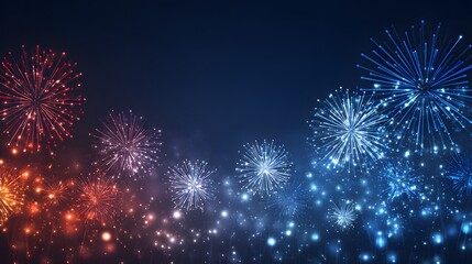 Vibrant fireworks bursts illuminate a dark night sky, showcasing colorful displays of light and energy.