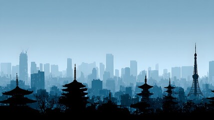 A tranquil vista showcasing a Japanese metropolis, with ancient pagodas juxtaposed against modern skyscrapers, evoking a sense of cultural harmony and urban dynamism.