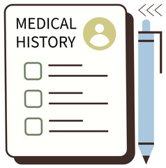 Medical history form with three checkboxes, profile icon, and pen. Ideal for healthcare, documentation, patient care, clinics, data management wellness records forms. Simple flat metaphor