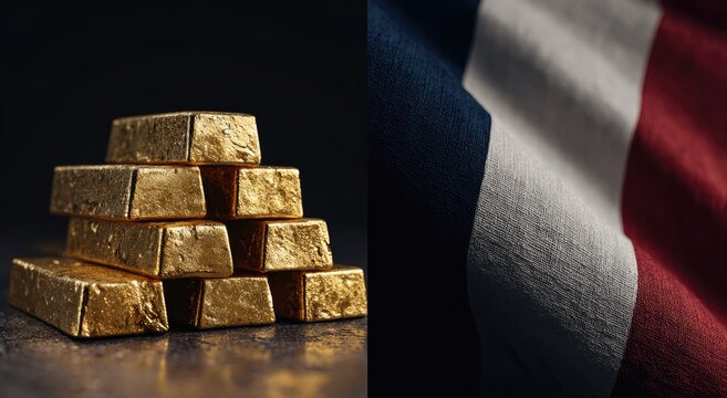 Gold bars stacked on dark surface, French flag - Powered by Adobe