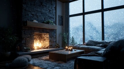 Cozy living room fireplace snowstorm view