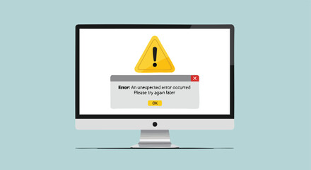An unexpected error message and a warning sign displayed on a desktop computer monitor.