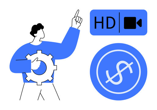 Person pointing upward holding gear, HD video label, and dollar icon, representing streaming quality, configuration, and earnings. Ideal for technology, video production, monetization creativity