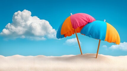 Two vibrant beach umbrellas, painted in shades of pink, orange, and blue, stand on a pristine white sandy shore against a clear cerulean sky dotted with fluffy white clouds.