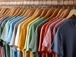 Obraz premium Colorful t shirt collection hanging on wooden hangers in closet, showcasing variety of soft fabric and casual style