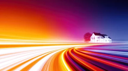 Keuken achterwand Bordeaux A vibrant, surreal landscape featuring a house beside a road with colorful light trails at dusk  © Matthew