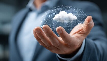 Cloud network digital technology hand globe connection business data internet futuristic communication global virtual sphere