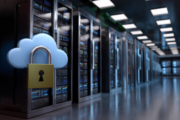 Cloud security concept with padlock and server racks in data center room with modern lighting