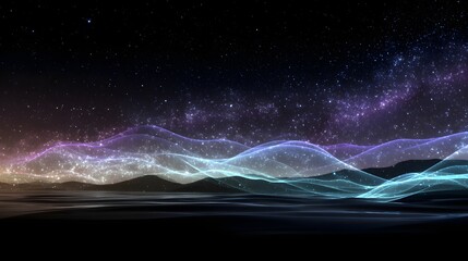 A breathtaking digital landscape of undulating, translucent mountains bathed in the ethereal glow of a starry night sky.