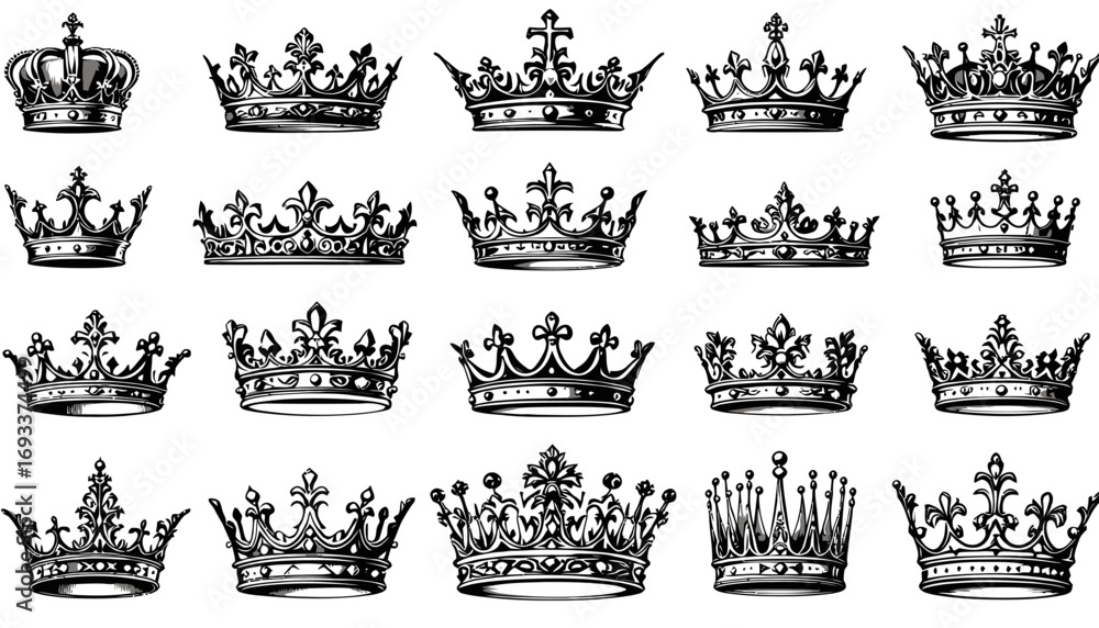 Poster a collection of intricately detailed vector illustrations featuring various royal crowns, perfect fo
